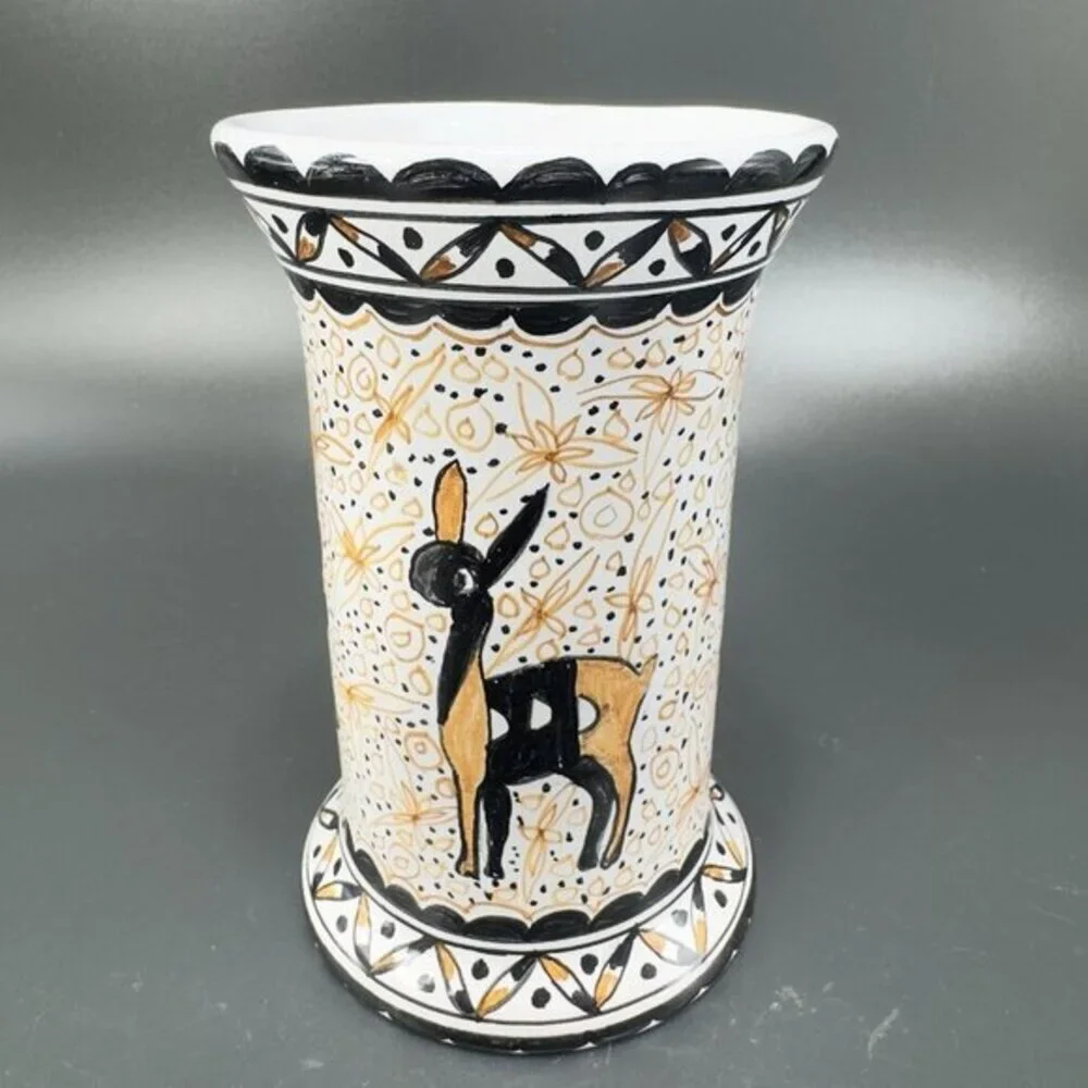 Vintage Portuguese Pottery Hand Painted Vase Vessel Deer Bunny‎ Scene Portugal